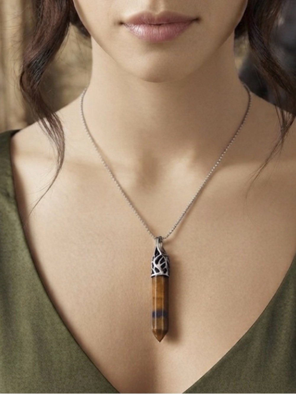 Tiger’s Eye Crystal Point Pendant Necklace — 925 Sterling Silver